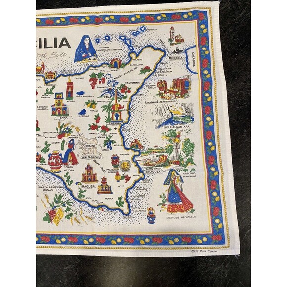 EUC Vintage SICILIA Cotton Tea Towel Dish Kitchen Map Italy Landmarks 32"x19" - Picture 3 of 7